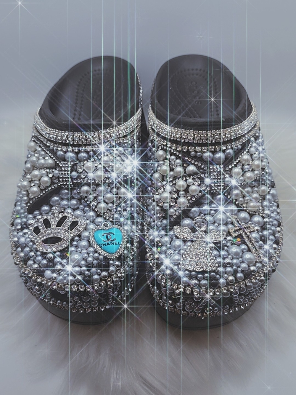 CROCS Silver Pearl & Rhinestone Embellished Slide Clogs